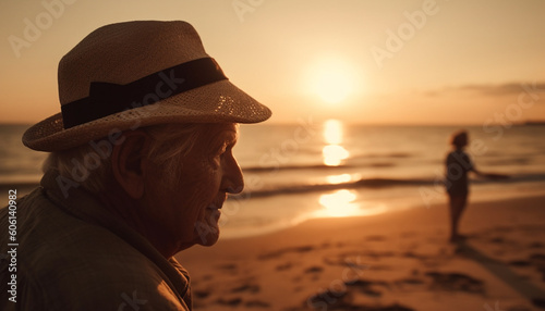Senior men smiling  enjoying retirement on beach generated by AI