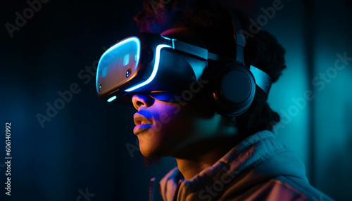 Fun loving gamers enjoy futuristic virtual reality technology generated by AI © Jeronimo Ramos