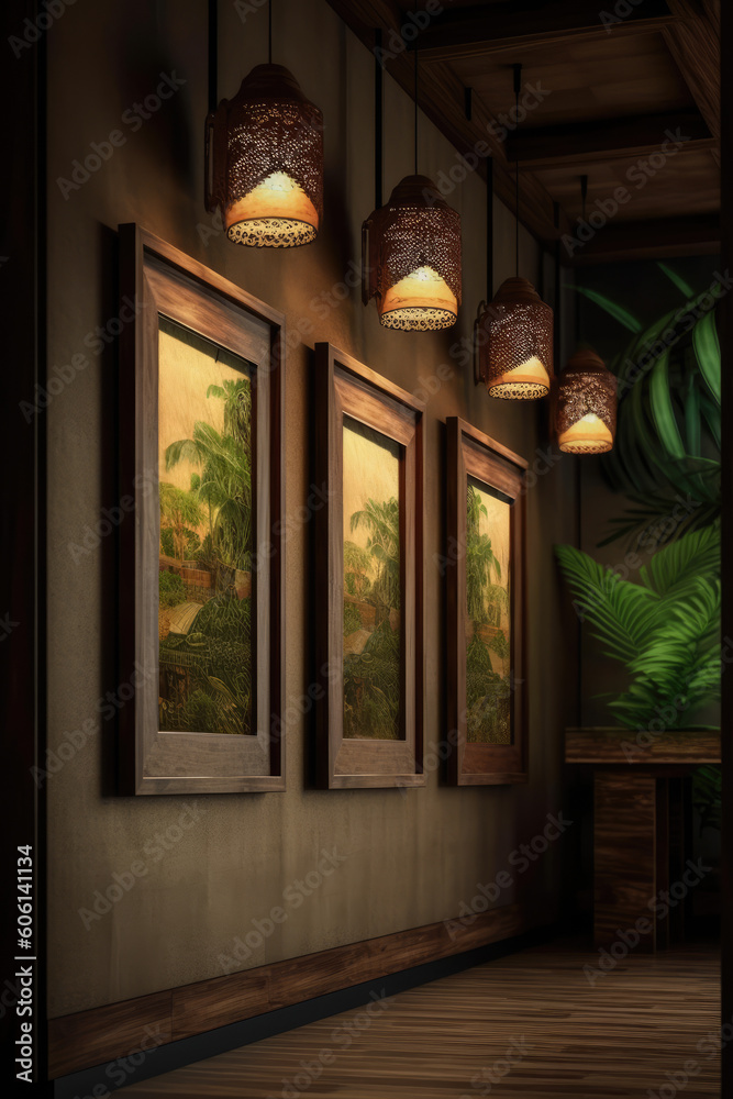 Hallway design with Indian lamps, three paintings on the walls in the framework of evening light, dark walls. generative ai.