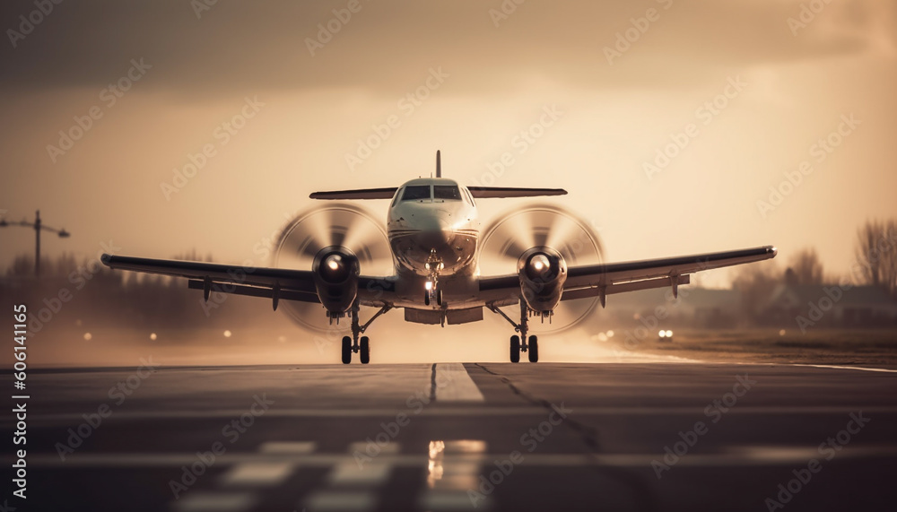 Fototapeta premium Jet engine propels fighter plane through dusk sky generated by AI