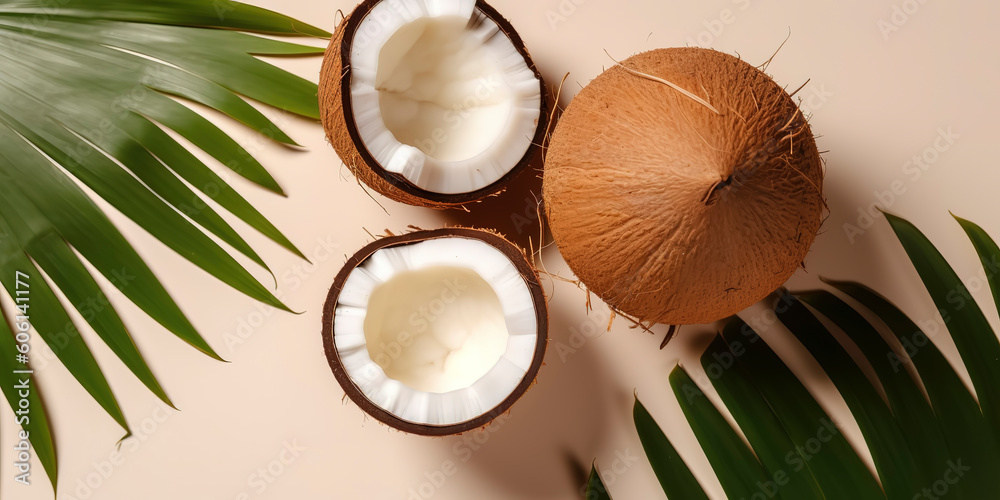 Summer fruit concept. Top view photo. Fresh and halved fruit with monstera leaf on soft color backdrop. AI Generated. Summer fruit concept. Top view photo. Fresh and halved fruit with monstera leaf on soft color backdrop. AI Generated.