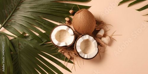 Tropical Summer Delight: Fresh Halved Fruits with Monstera Leaf. Top View on Soft Color Backdrop. AI Generated.