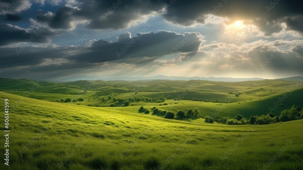 Green grass field landscape. Generative AI Green grass field landscape. Generative AI