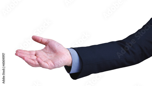 Businessman hand reach out with palm open up isolated in white background. Ready for help and support concept.