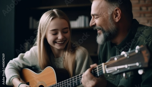 Two men playing guitar, family bonding together generated by AI