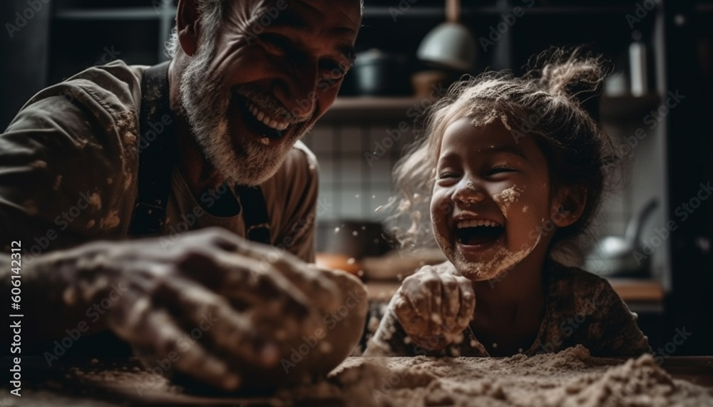 Family bonding over homemade dough in kitchen generated by AI