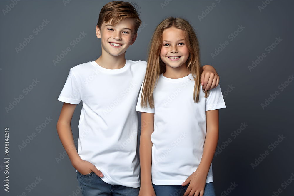 © AnaWein - Male and female child, boy and girl, siblings wearing bella canvas white shirt mockup, at dark gray background. Design tshirt template, print presentation mock-up. AI generated. © AnaWein - Male and female child, boy and girl, siblings wearing bella canvas white shirt mockup, at dark gray background. Design tshirt template, print presentation mock-up. AI generated.