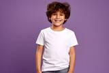 Male child, boy wearing bella canvas white shirt mockup, at purple background. Design tshirt template, print presentation mock-up. AI generated.