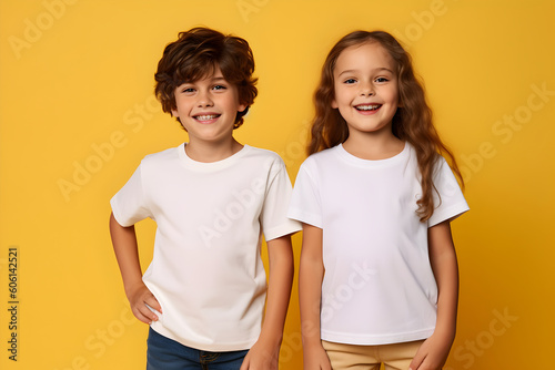 Male and female child, boy and girl, siblings wearing bella canvas white shirt mockup, at yellow background. Design tshirt template, print presentation mock-up. AI generated. photo