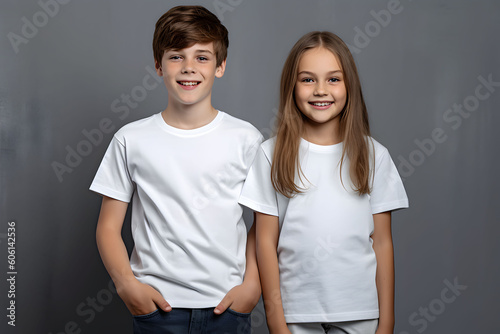 Male and female child, boy and girl, siblings wearing bella canvas white shirt mockup, at dark gray background. Design tshirt template, print presentation mock-up. AI generated.