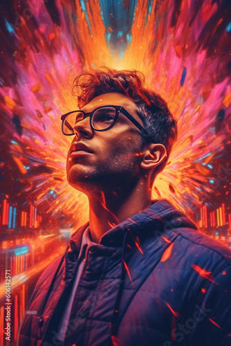 Man with glasses portrait - magical colored lights  generative AI  AI generated