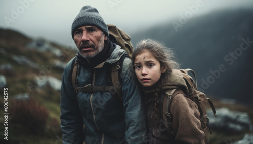 Two men hiking in winter, enjoying nature generated by AI