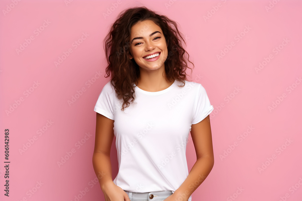 Young woman wearing bella canvas white shirt mockup, at pink background. Design tshirt template, print presentation mock-up. AI generated. Young woman wearing bella canvas white shirt mockup, at pink background. Design tshirt template, print presentation mock-up. AI generated.