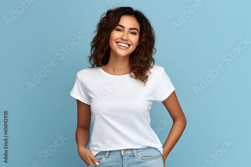 Young woman wearing bella canvas white shirt mockup, at blue background. Design tshirt template, print presentation mock-up. AI generated. photo