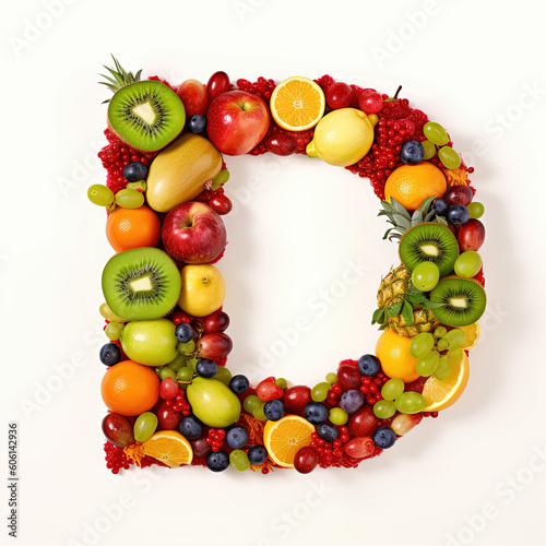 Citrus Splash  Vibrant D Letter Made of Fresh Fruits  Berries  and Citrus Delights generative  ai