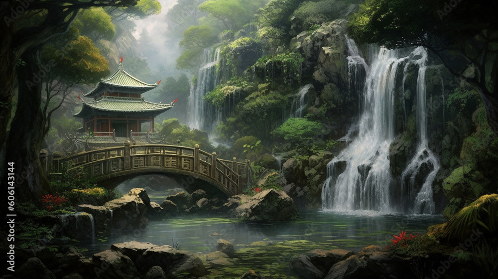 A serene waterfall cascading into a tranquil pond near a tea house Generative AI A serene waterfall cascading into a tranquil pond near a tea house Generative AI