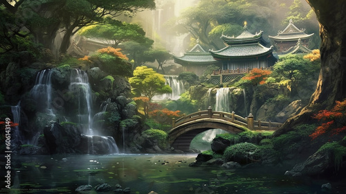 A serene waterfall cascading into a tranquil pond near a tea house Generative AI