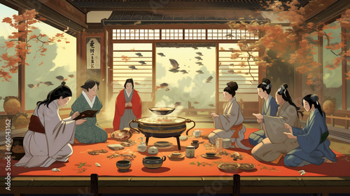 A tea ceremony in progress, with guests attentively observing Generative AI