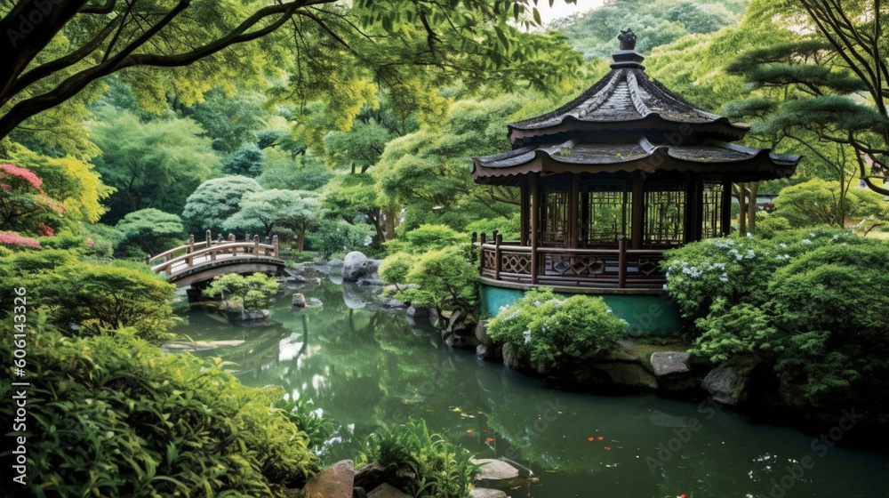 A serene tea pavilion surrounded by lush greenery and blooming flowers Generative AI A serene tea pavilion surrounded by lush greenery and blooming flowers Generative AI