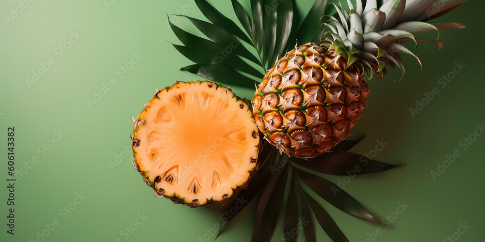 Juicy Summer Fruits: Top View Photo with Halved Fruit and Monstera Leaf on Soft Color Backdrop. AI Generated. Juicy Summer Fruits: Top View Photo with Halved Fruit and Monstera Leaf on Soft Color Backdrop. AI Generated.