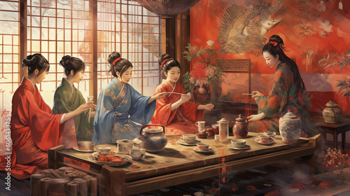 A harmonious tea ceremony with guests engaged in conversation Generative AI