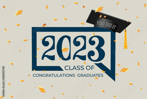 2023 Greeting banner for design of graduation. Falling graduation caps, golden confetti and serpentine. Frame Congratulations graduates of 2023. Vector logo for decoration social media, banners.