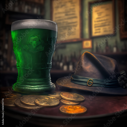 with Pint of Green Beer at the Gold Coin Bar on St. Patrick's Day. Generative AI photo