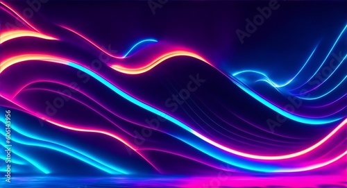 Waves of beautiful neon lights on dark background, generative ai