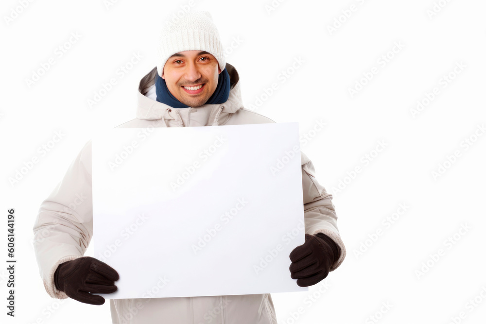 smiling young man in winter clothes holding a blank sheet of paper