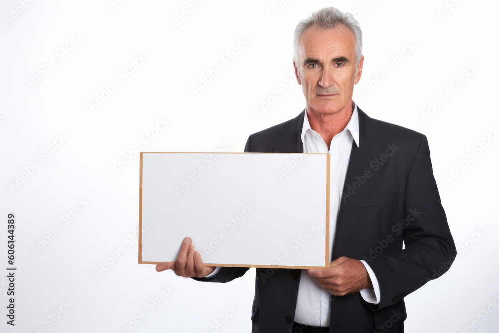 Mature businessman holding blank board. Isolated on white background. Mature businessman holding blank board. Isolated on white background.