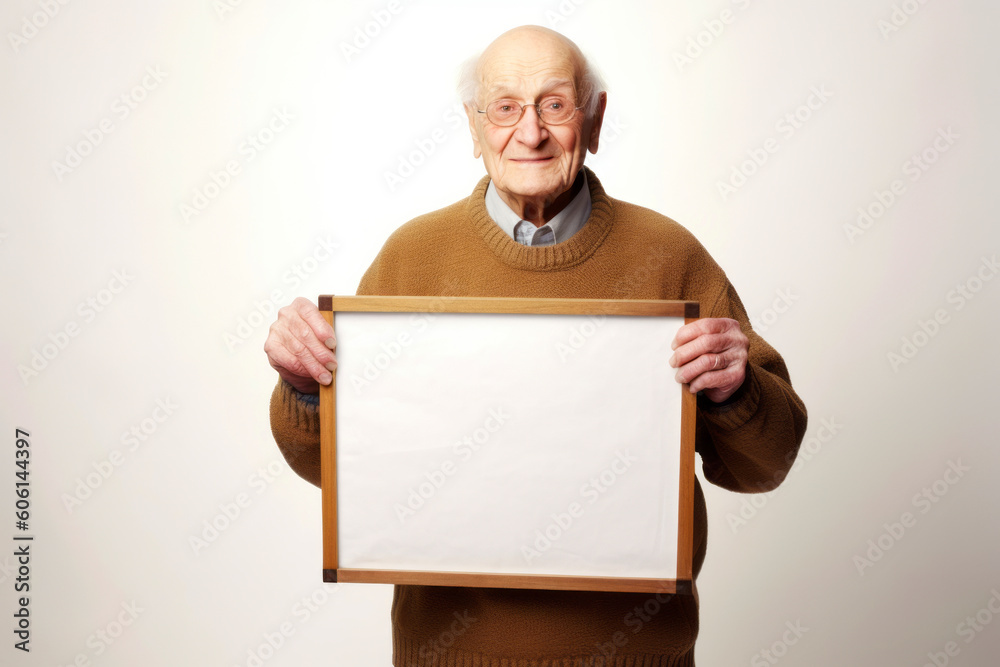 Elderly man holding a blank white board on a gray background Elderly man holding a blank white board on a gray background
