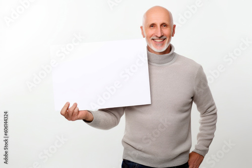 Smiling mature man holding a white sheet of paper and looking at the camera