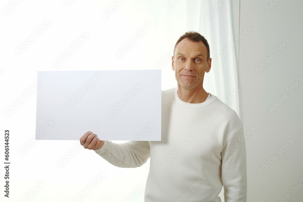 Portrait of mature man holding blank sheet of paper on light background Portrait of mature man holding blank sheet of paper on light background