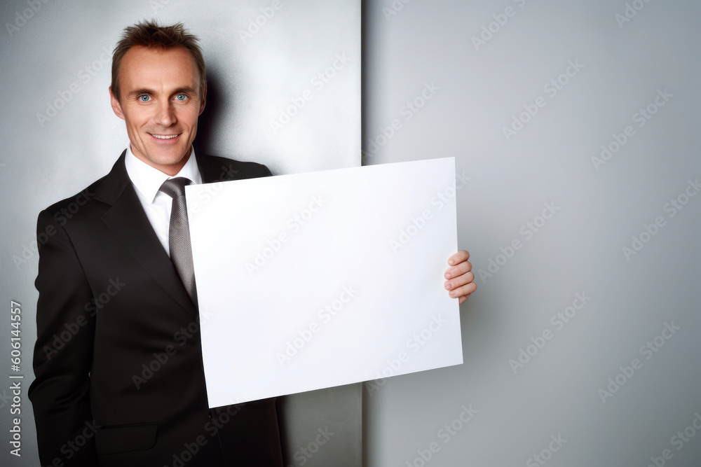 Portrait of a confident businessman showing presentation, pointing paper placard. Portrait of a confident businessman showing presentation, pointing paper placard.