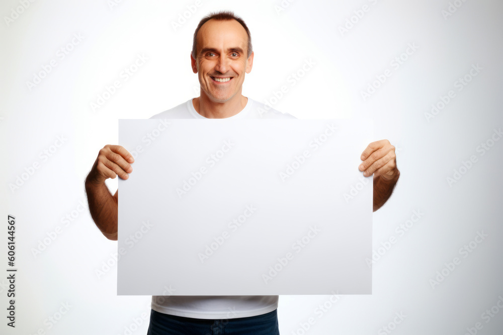Portrait of a smiling man holding blank sheet of paper isolated on white background Portrait of a smiling man holding blank sheet of paper isolated on white background