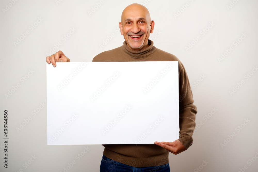 Portrait of a bald man in a beige sweater holding a white sheet of paper Portrait of a bald man in a beige sweater holding a white sheet of paper