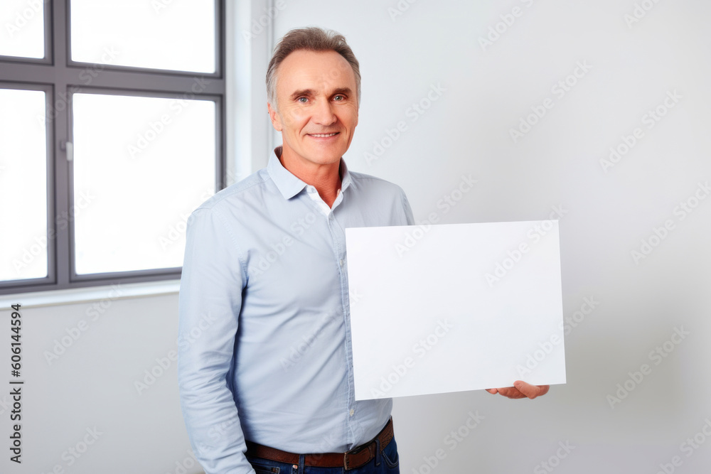 Portrait of confident mature man holding blank sheet of paper in office Portrait of confident mature man holding blank sheet of paper in office