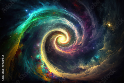 Colorful Swirling rainbow Galaxy art. Spiral abstraction, dream, chaos, creative imagination concept. Detailed painting. Made with Generative AI © Koshiro