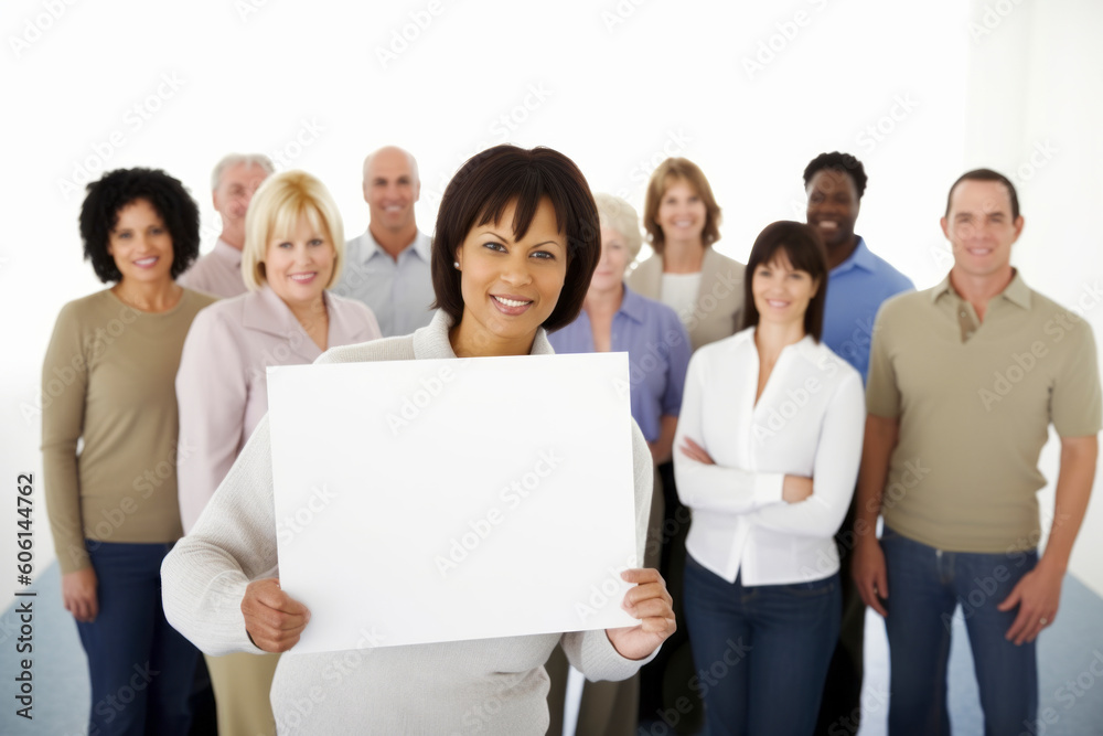 Smiling businesswoman holding a blank sheet of paper in front of her team Smiling businesswoman holding a blank sheet of paper in front of her team