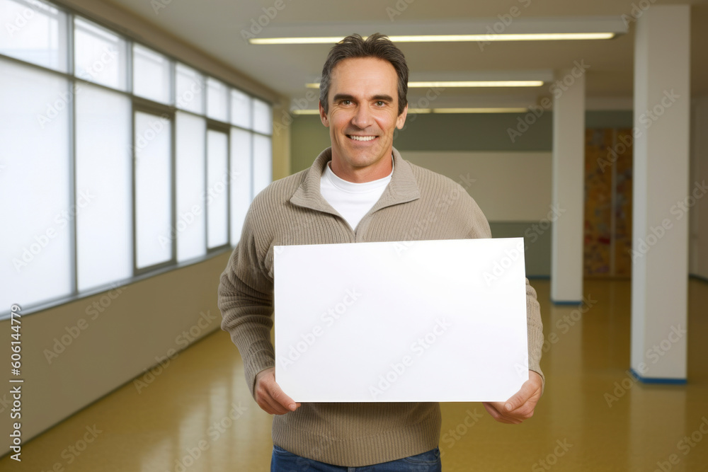 Portrait of smiling man holding blank sheet of paper in corridor of museum