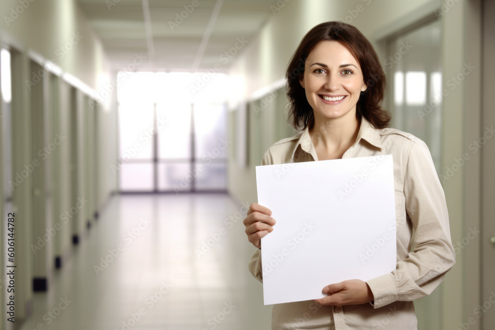 Beautiful businesswoman holding a blank sheet of paper in the office Beautiful businesswoman holding a blank sheet of paper in the office