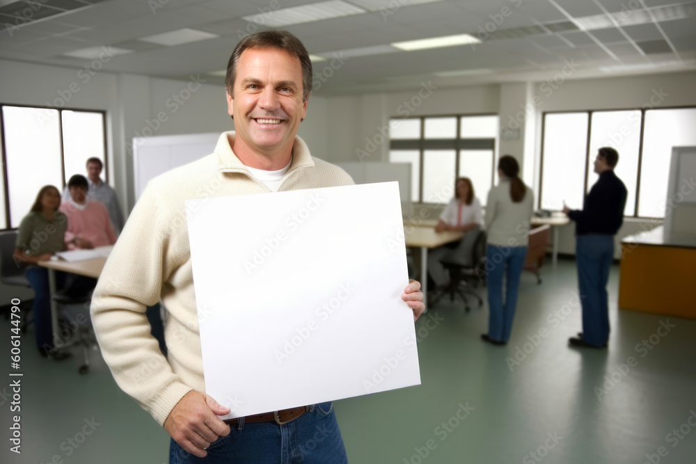 Portrait of smiling mature businessman holding blank sheet of paper in office Portrait of smiling mature businessman holding blank sheet of paper in office