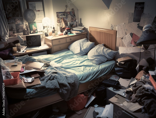 A messy bedroom with a messy bed and messy desk. AI generative image