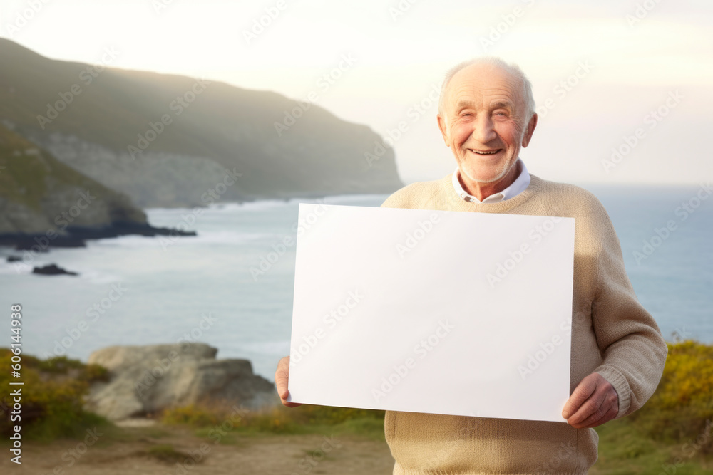 Portrait of happy senior man holding blank sheet of paper at beach Portrait of happy senior man holding blank sheet of paper at beach