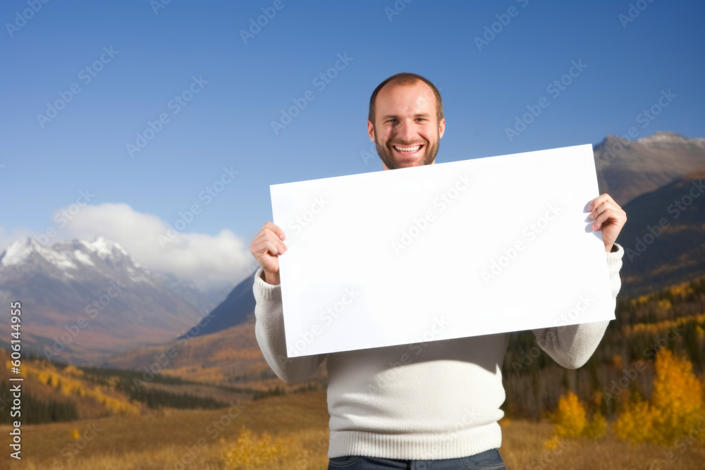 Handsome man holding a white sheet of paper against the background of mountains Handsome man holding a white sheet of paper against the background of mountains