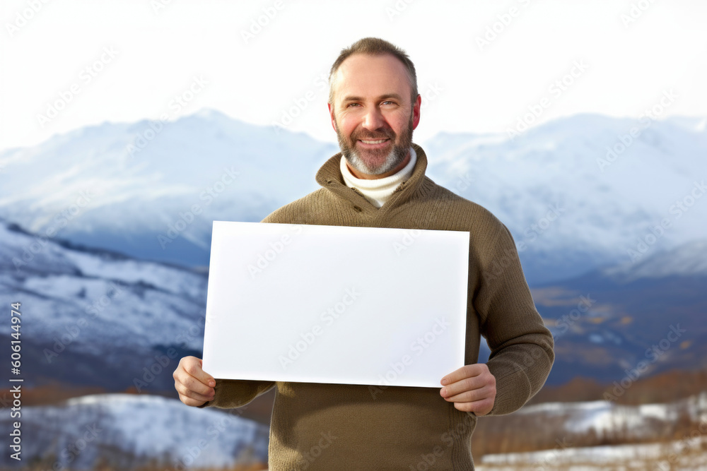 Smiling man holding a white sheet of paper against snowy mountain landscape Smiling man holding a white sheet of paper against snowy mountain landscape