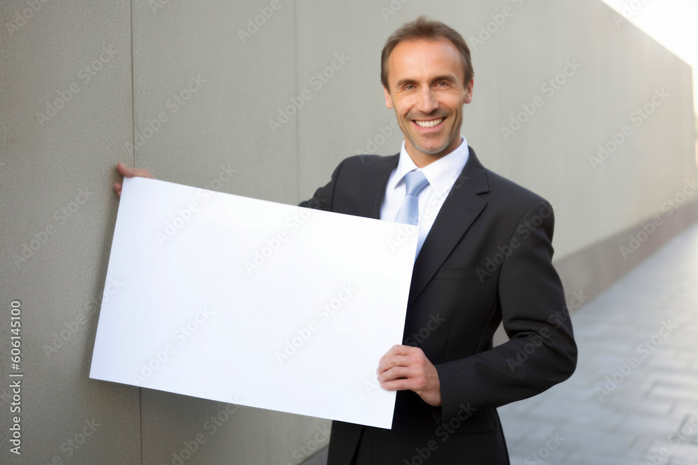 Portrait of a smiling businessman holding a blank sheet of paper outdoors Portrait of a smiling businessman holding a blank sheet of paper outdoors