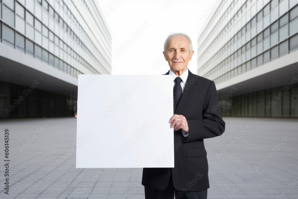 Portrait of senior businessman holding a blank white board outdoors in city Portrait of senior businessman holding a blank white board outdoors in city