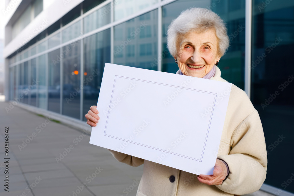 Elderly woman holding a white board on the background of the business center Elderly woman holding a white board on the background of the business center
