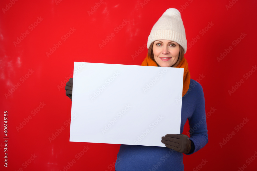 Beautiful young woman in winter clothes with a white sheet of paper on a red background Beautiful young woman in winter clothes with a white sheet of paper on a red background